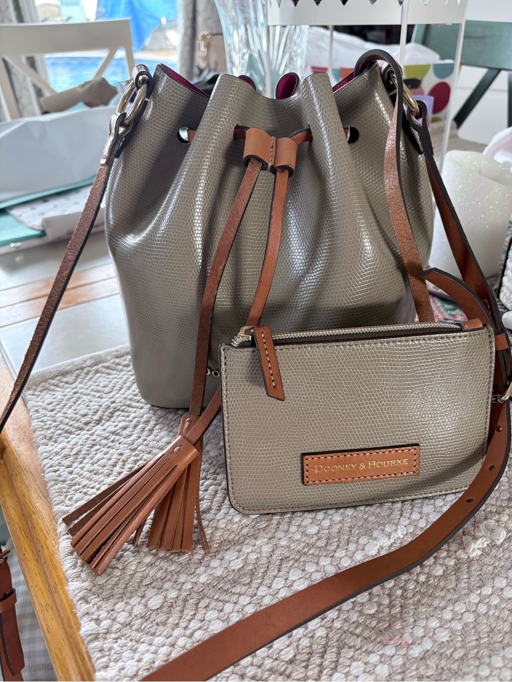 Dooney & Bourke Gray Bucket Bag with Tan Trim and Tassel - Picture 4 of 4